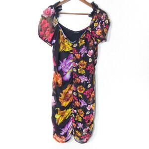 Desigual Ruched Floral Dress Black Size XL Bodycon Gothic Romantic